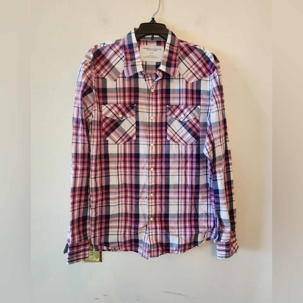 American eagle plaid snap button long sleeve vintage fit shirt size mens large